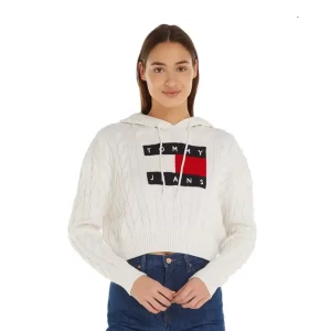 Tommy Jeans Center Flag cable hoodie donna DW0DW16528 YBH Ancient White